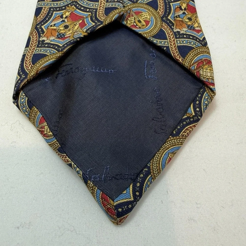 Vintage Ferragamo‎ Silk Tie Music Instrument Medallion Print Italian Luxury 90's